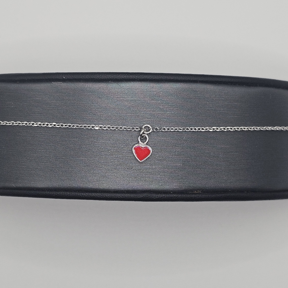 Sterling Silver 925 Rhodium Plated Rolo Link Red Enamel Heart Bracelet - Picture 4 of 15